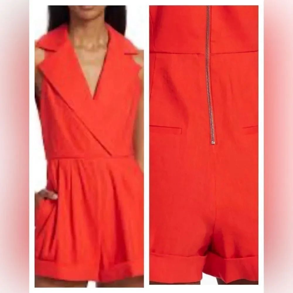 Alice + Olivia Meritt Linen-Blend Romper size 6 Color-Chili Pepper $440